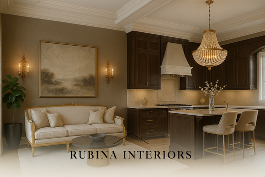 Calm neutral living space with soft lighting, beige sofa, and warm wood kitchen — peaceful interior design by Rubina Interiors.