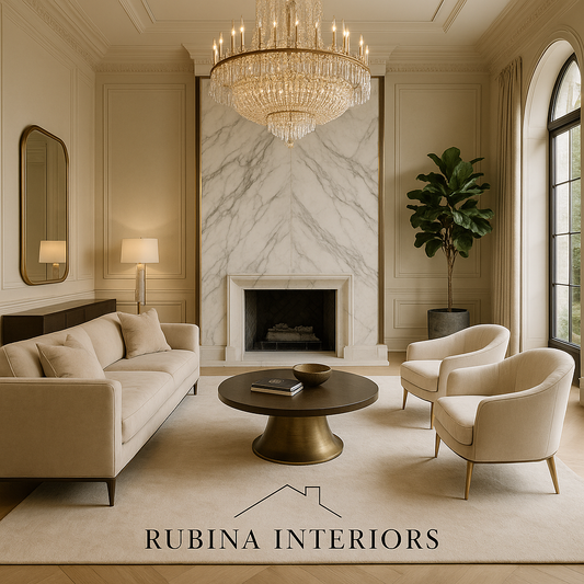 Elegant living room with neutral tones, marble fireplace, and chandelier — a modern example of quiet luxury interior design by Rubina Interiors.