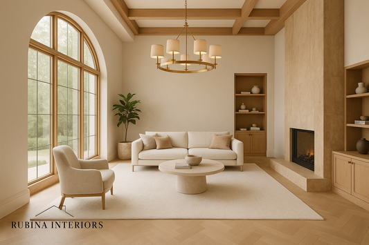 Warm neutral living room with arched windows, wood beams, and cozy seating — intentional interior design by Rubina Interiors.