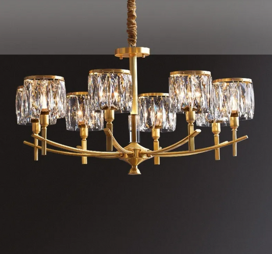 A centerpiece of modern grandeur — handcrafted with crystal prisms and brushed gold for a timeless statement.