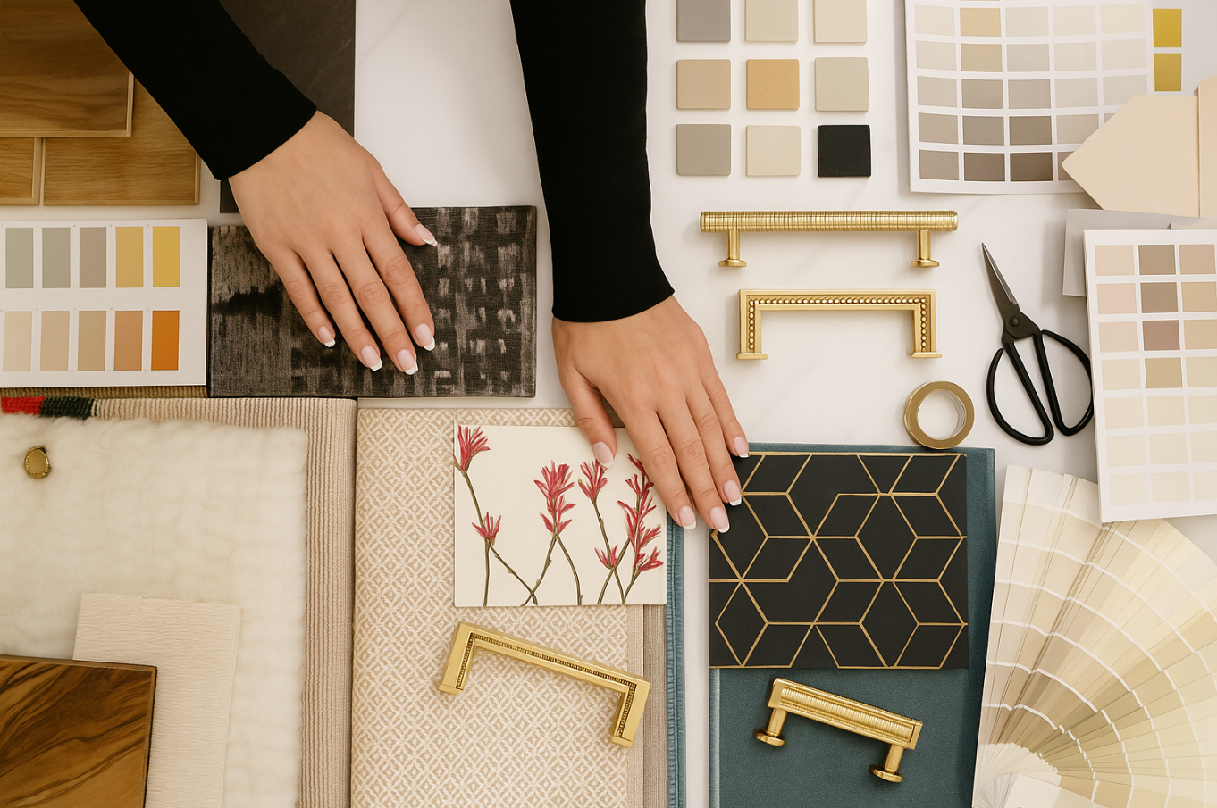 Interior designer selecting materials, color swatches, and hardware samples — Rubina Interiors design process.