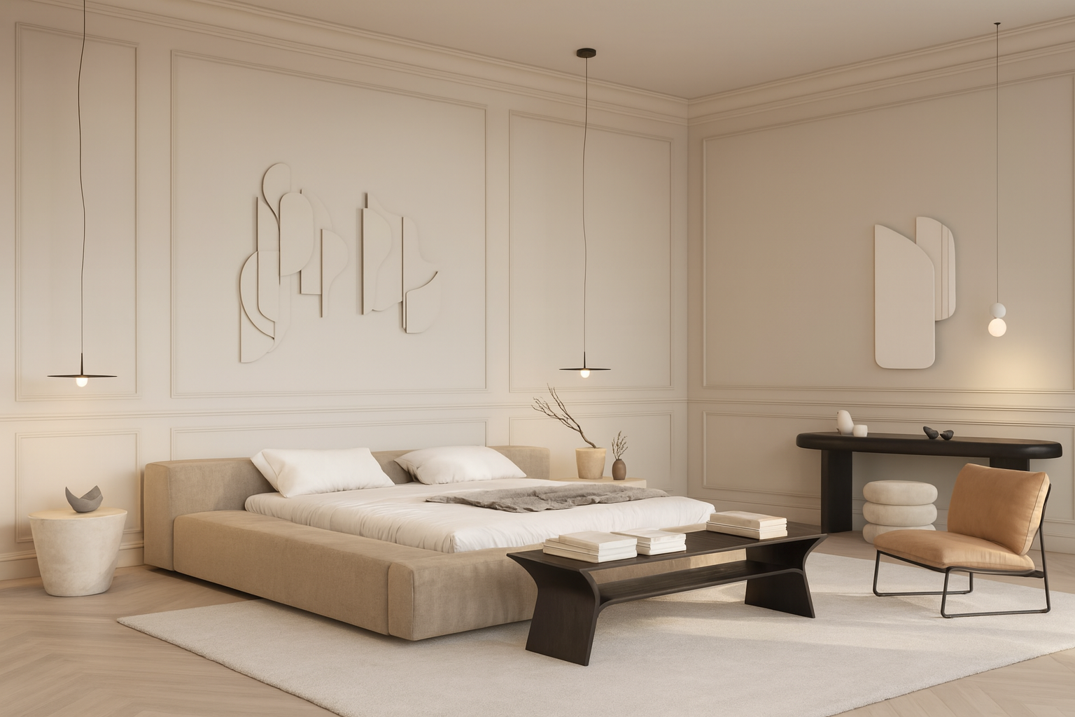 Modern minimalist bedroom with beige bed, neutral décor, and sculptural wall art — Rubina Interiors interior design inspiration.