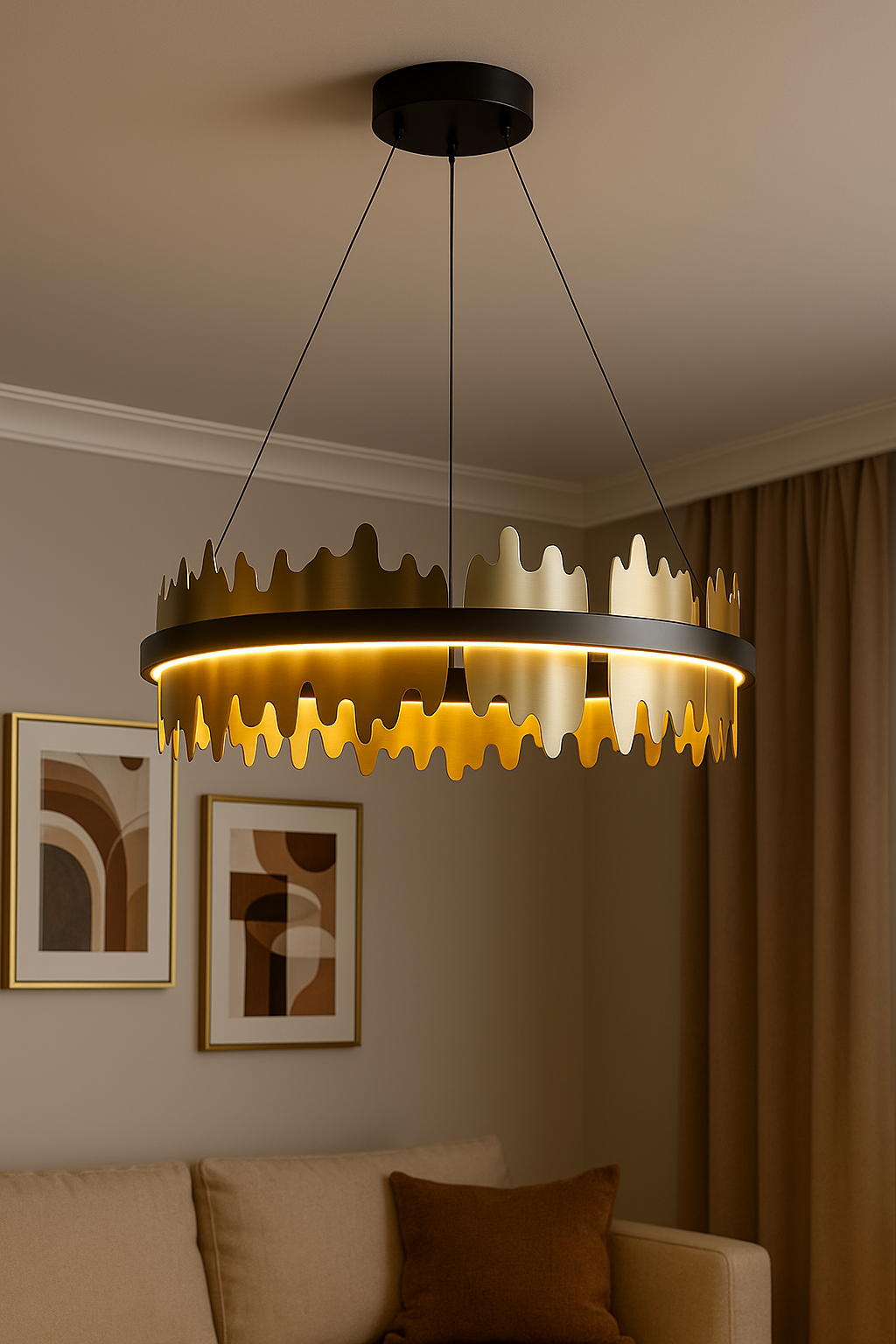 Luxury living room with Solara Chandelier in brushed gold, 60cm statement lighting centerpiece.